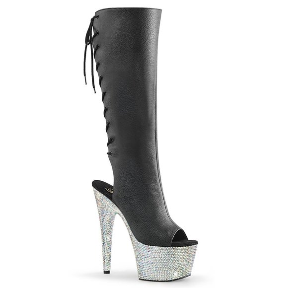 Rhinestone Platform Lace Up Back High Heel Knee Boots - Picture 2 of 5